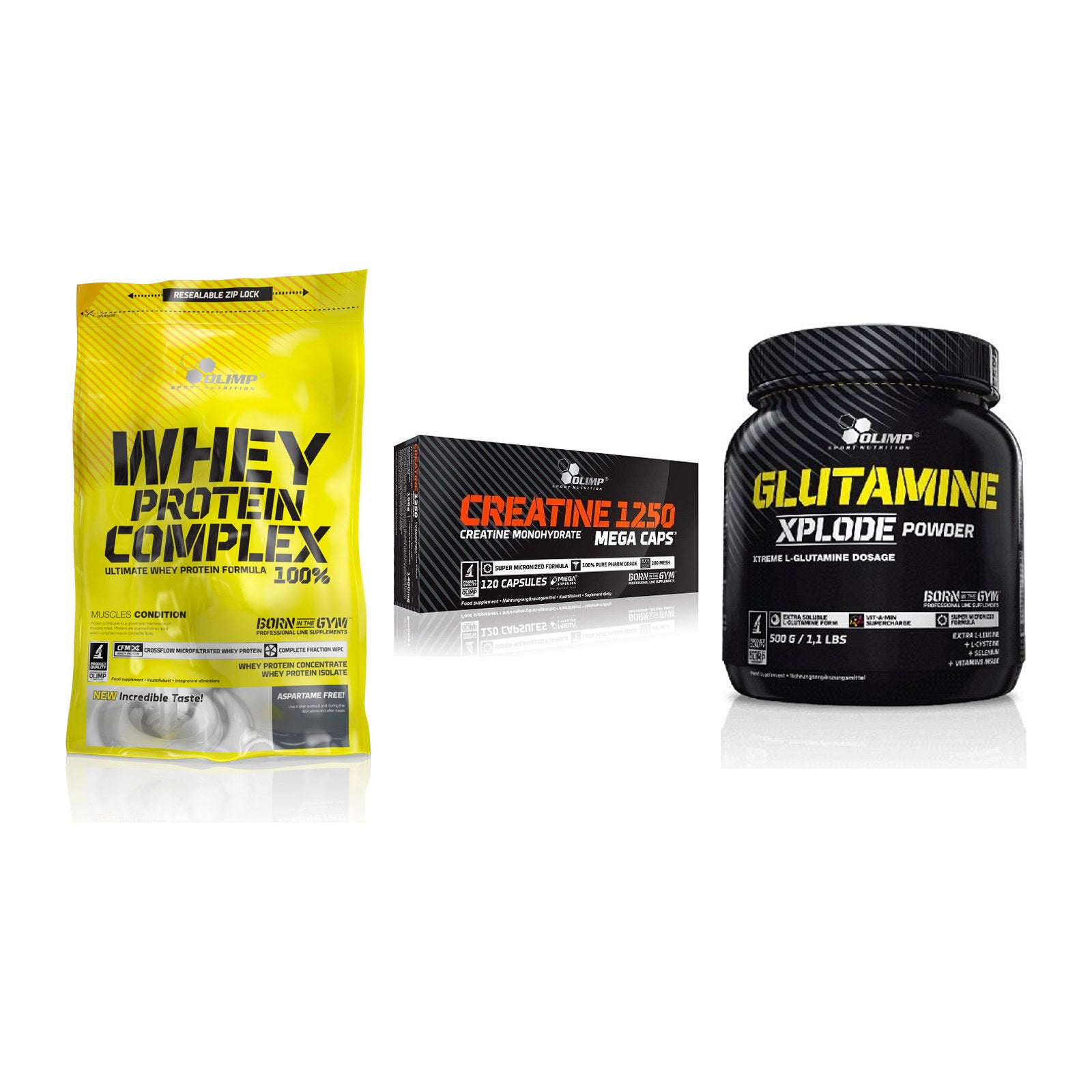Olimp Marken-Trio: Whey Protein + Creatine Mega + L-Glutamine – alle enthaltenen Artikel