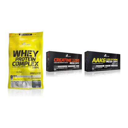 Olimp Marken-Trio: Whey Protein + Creatine Mega + AAKG Extreme – alle enthaltenen Artikel