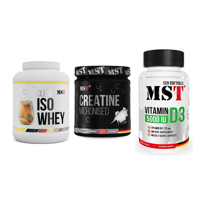 MST Marken-Trio: Iso Clear + Creatin Monohyd + Vitamin D3 – alle enthaltenen Artikel