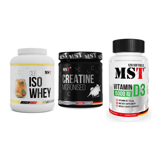 MST Marken-Trio: Iso Clear + Creatin Monohyd + Vitamin D3 – alle enthaltenen Artikel