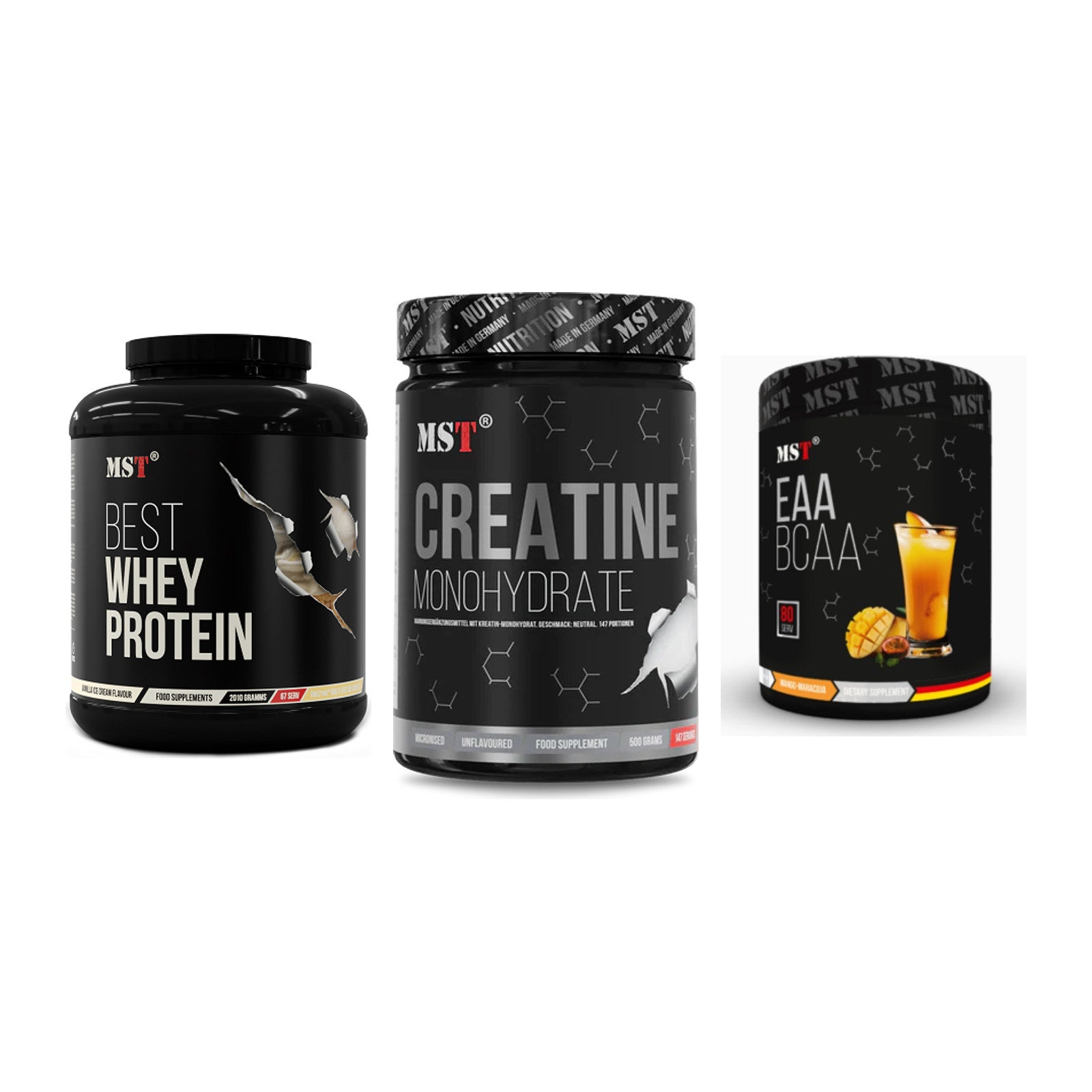 MST Marken-Trio: Best Whey Protein + Creatin Monohydrate + EAA & BCAA – alle enthaltenen Artikel