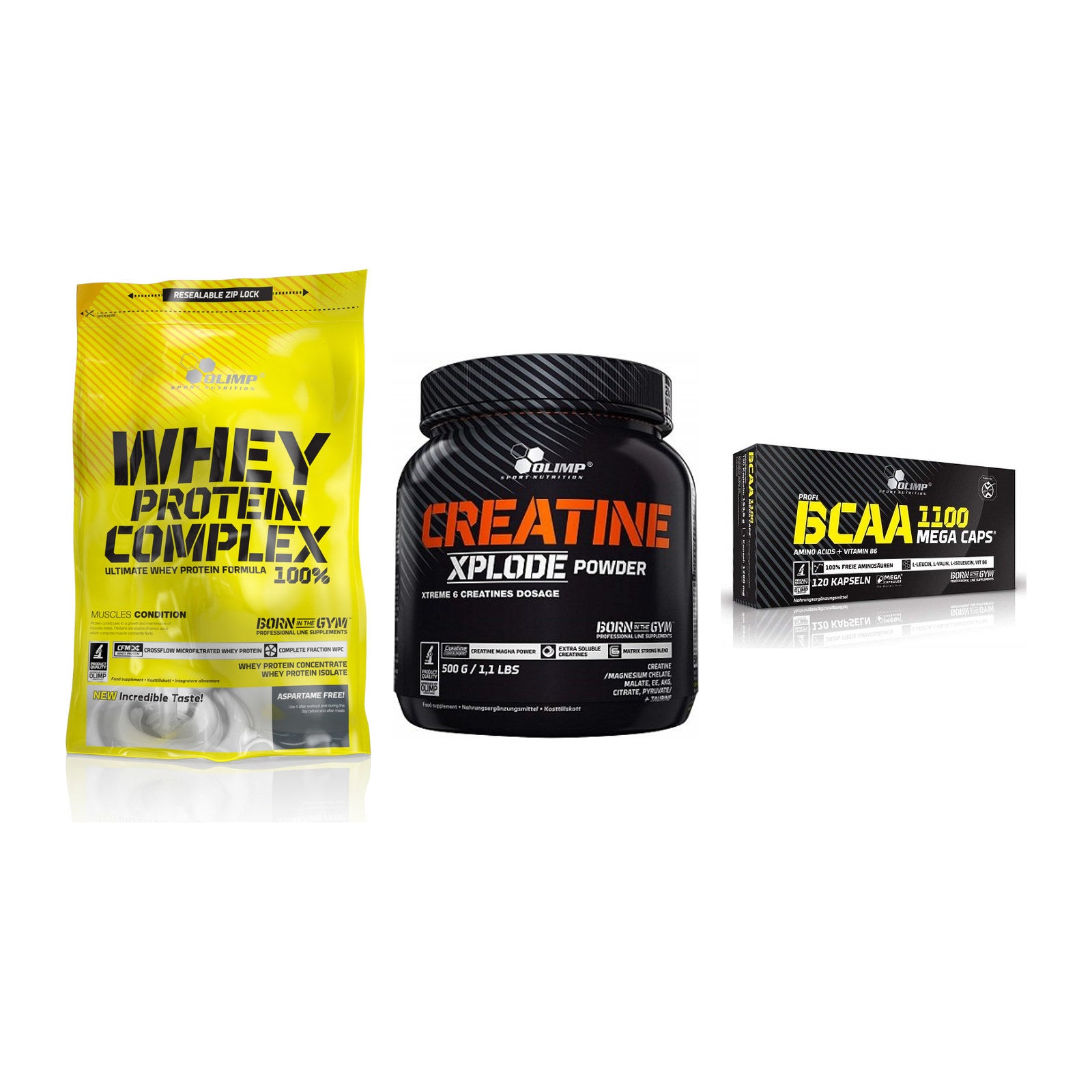 Olimp Marken-Trio: Whey Protein + Creatine Xplode + BCAA Mega Caps – alle enthaltenen Artikel
