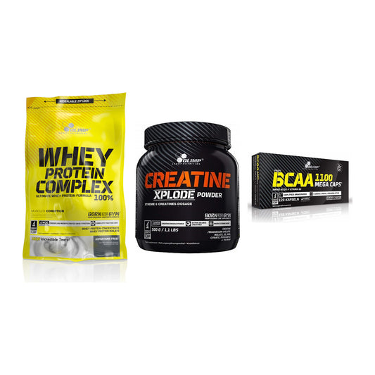 Olimp Marken-Trio: Whey Protein + Creatine Xplode + BCAA Mega Caps – alle enthaltenen Artikel