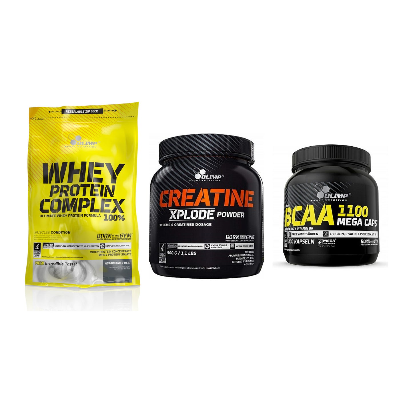 Olimp Marken-Trio: Whey Protein + Creatine Xplode + BCAA Mega Caps – alle enthaltenen Artikel