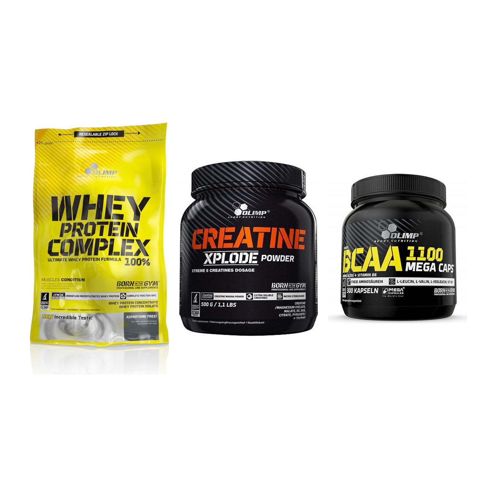 Olimp Marken-Trio: Whey Protein + Creatine Xplode + BCAA Mega Caps – alle enthaltenen Artikel