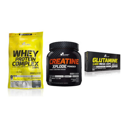 Olimp Marken-Trio: Whey Protein + Creatine Xplode + L-Glutamine – alle enthaltenen Artikel