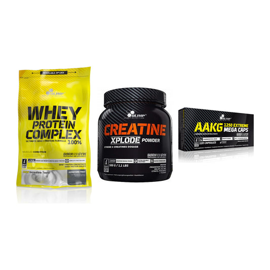 Olimp Marken-Trio: Whey Protein + Creatine Xplode + AAKG Extreme – alle enthaltenen Artikel