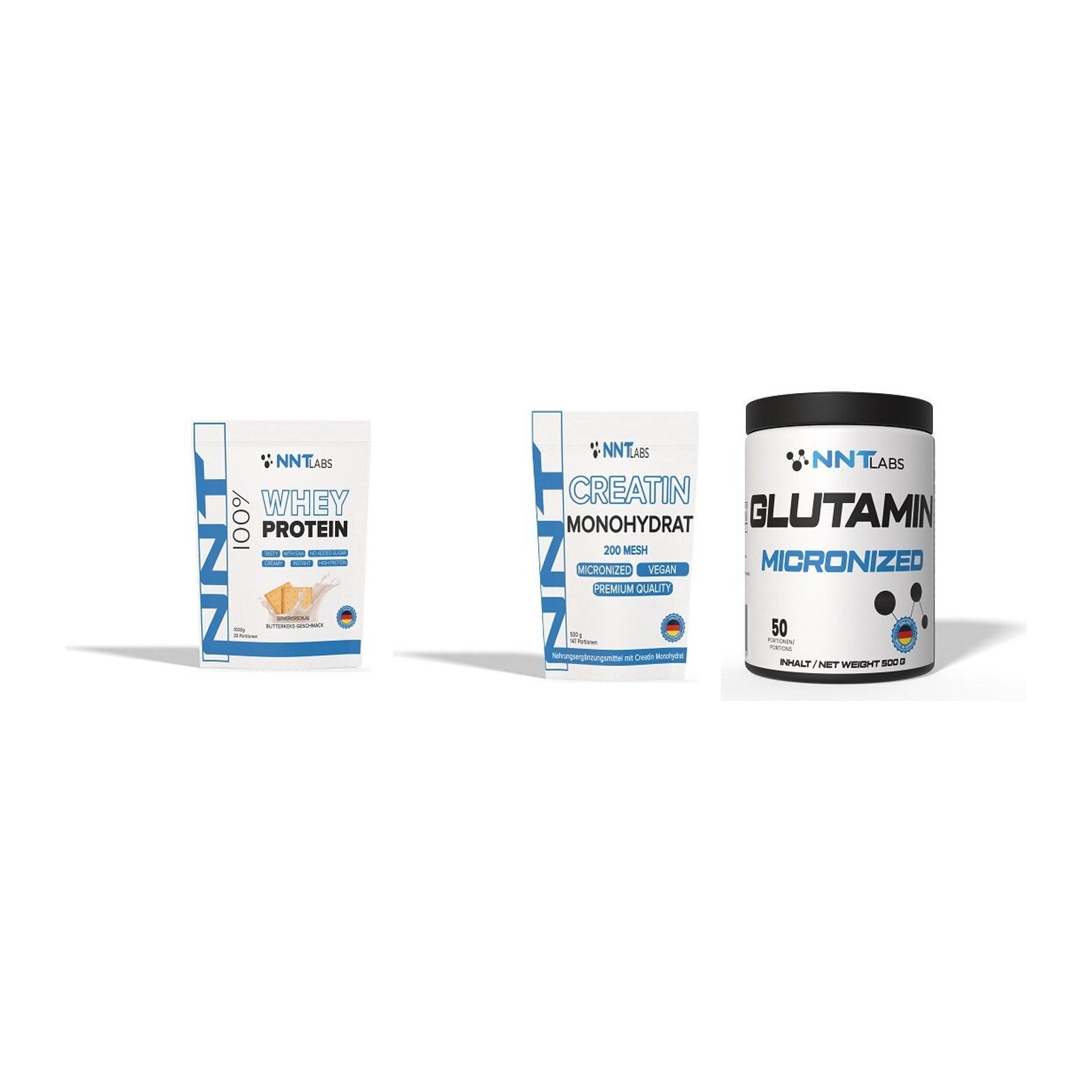 NNT Labs Marken-Trio: Whey + Creatin Monohydrat + Glutamin – alle enthaltenen Artikel