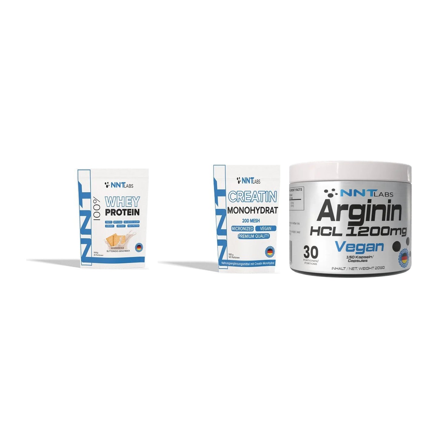 NNT Labs Marken-Trio: Whey + Creatin Monohydrat + Arginin HCL 1200 mg – alle enthaltenen Artikel
