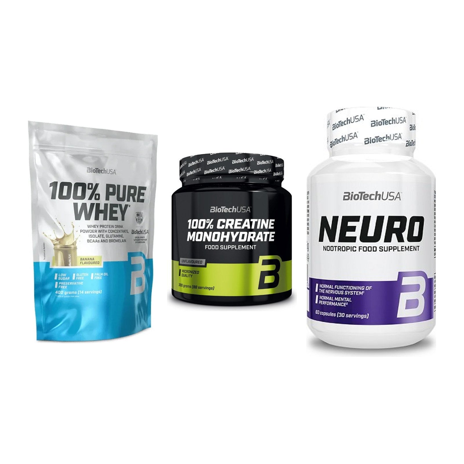 BioTech USA Marken-Trio: 100% Pure + Creatine + Neuro – alle enthaltenen Artikel