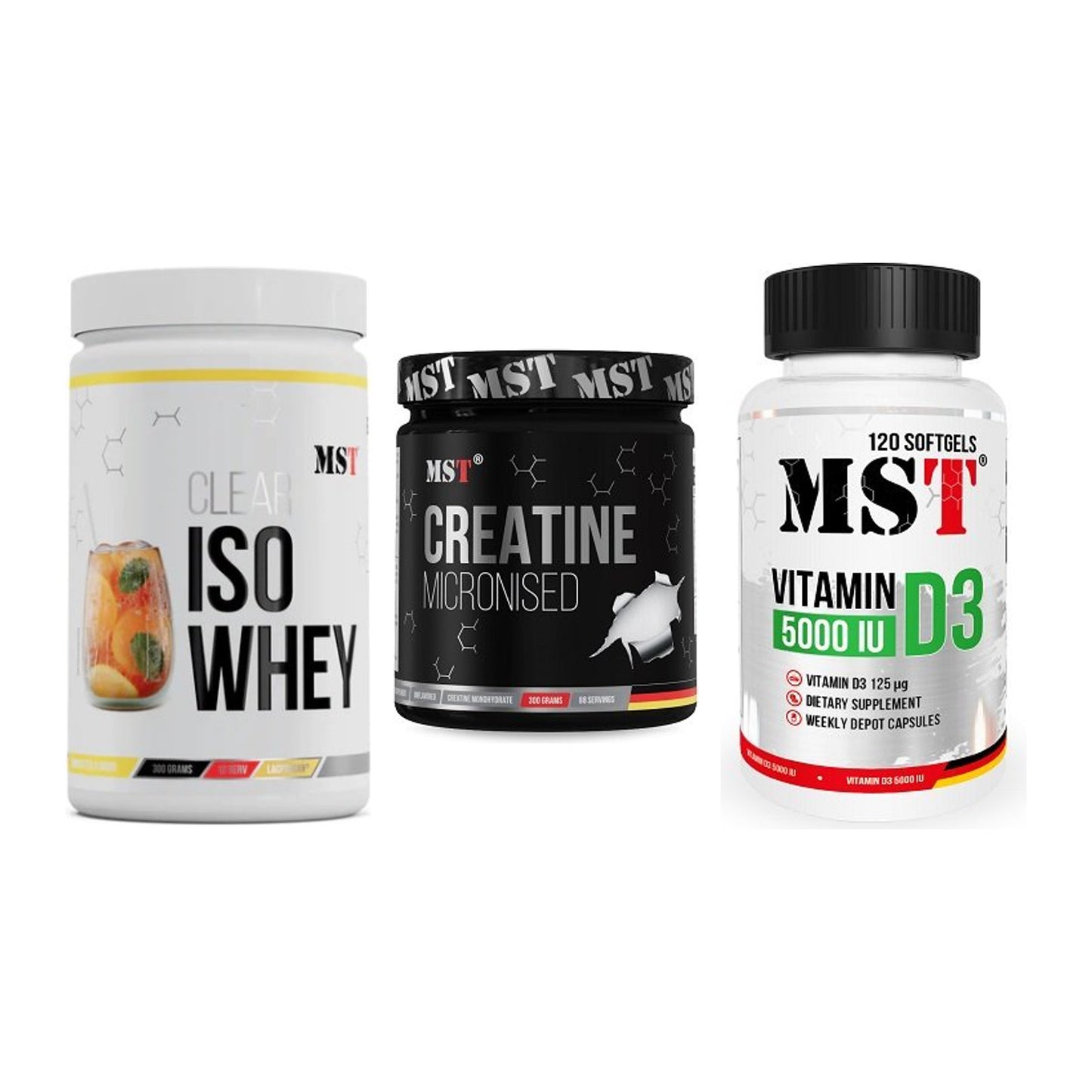 MST Marken-Trio: Iso Clear + Creatin Monohyd + Vitamin D3 – alle enthaltenen Artikel