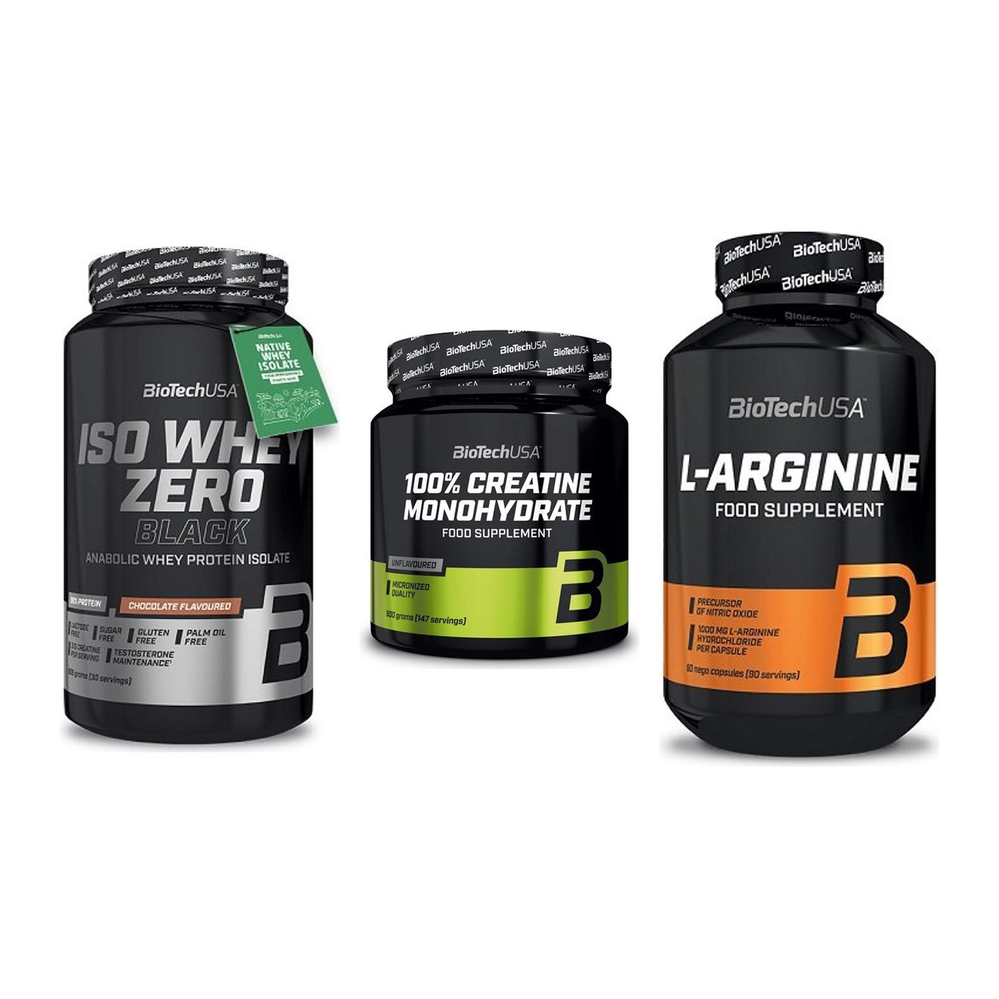 BioTech USA Marken-Trio: Iso Whey Zero + Creatine + L-Arginine – alle enthaltenen Artikel