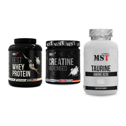 MST Marken-Trio: Best Whey Protein + Creatin Monohydrate + Taurine – alle enthaltenen Artikel