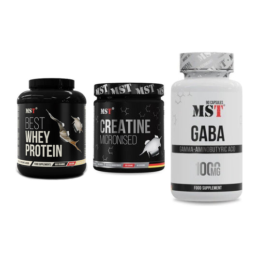 MST Marken-Trio: Best Whey Protein + Creatin Monohydrate + GABA 1000mg – alle enthaltenen Artikel