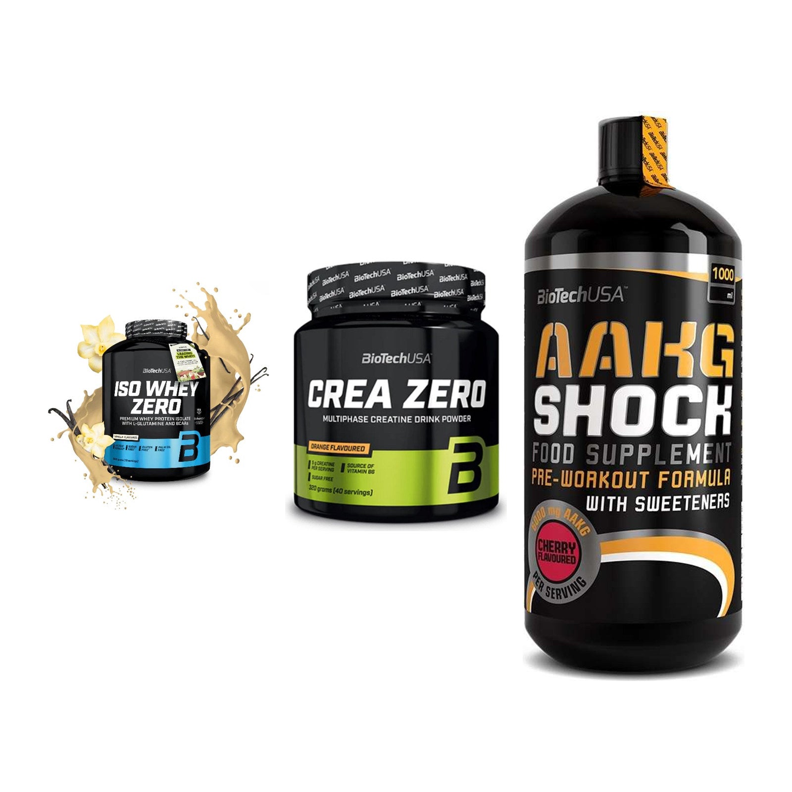 BioTech USA Marken-Trio: Iso Whey Zero + Crea Zero + AAKG Shock – alle enthaltenen Artikel