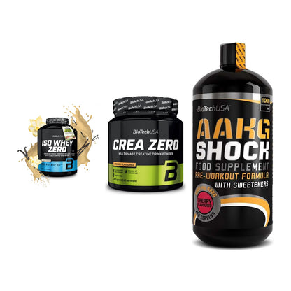 BioTech USA Marken-Trio: Iso Whey Zero + Crea Zero + AAKG Shock – alle enthaltenen Artikel