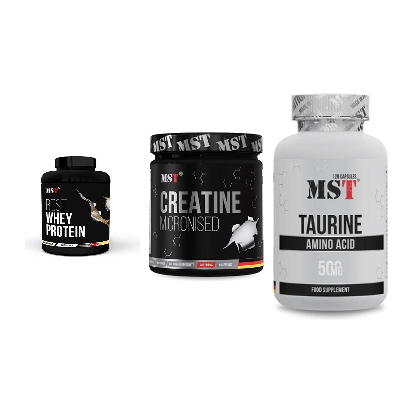 MST Marken-Trio: Best Whey Protein + Creatin Monohydrate + Taurine – alle enthaltenen Artikel