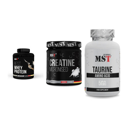 MST Marken-Trio: Best Whey Protein + Creatin Monohydrate + Taurine – alle enthaltenen Artikel