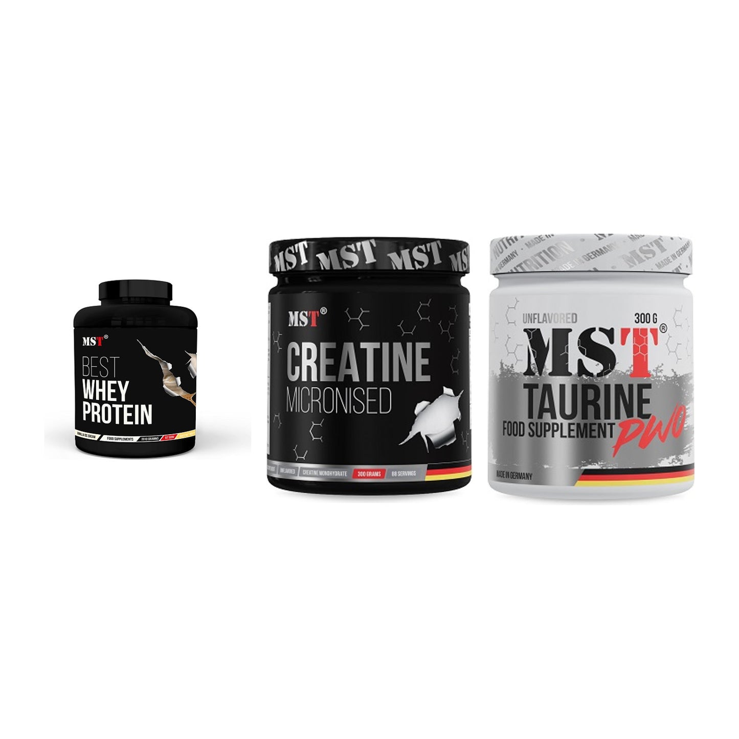 MST Marken-Trio: Best Whey Protein + Creatin Monohydrate + Taurine – alle enthaltenen Artikel