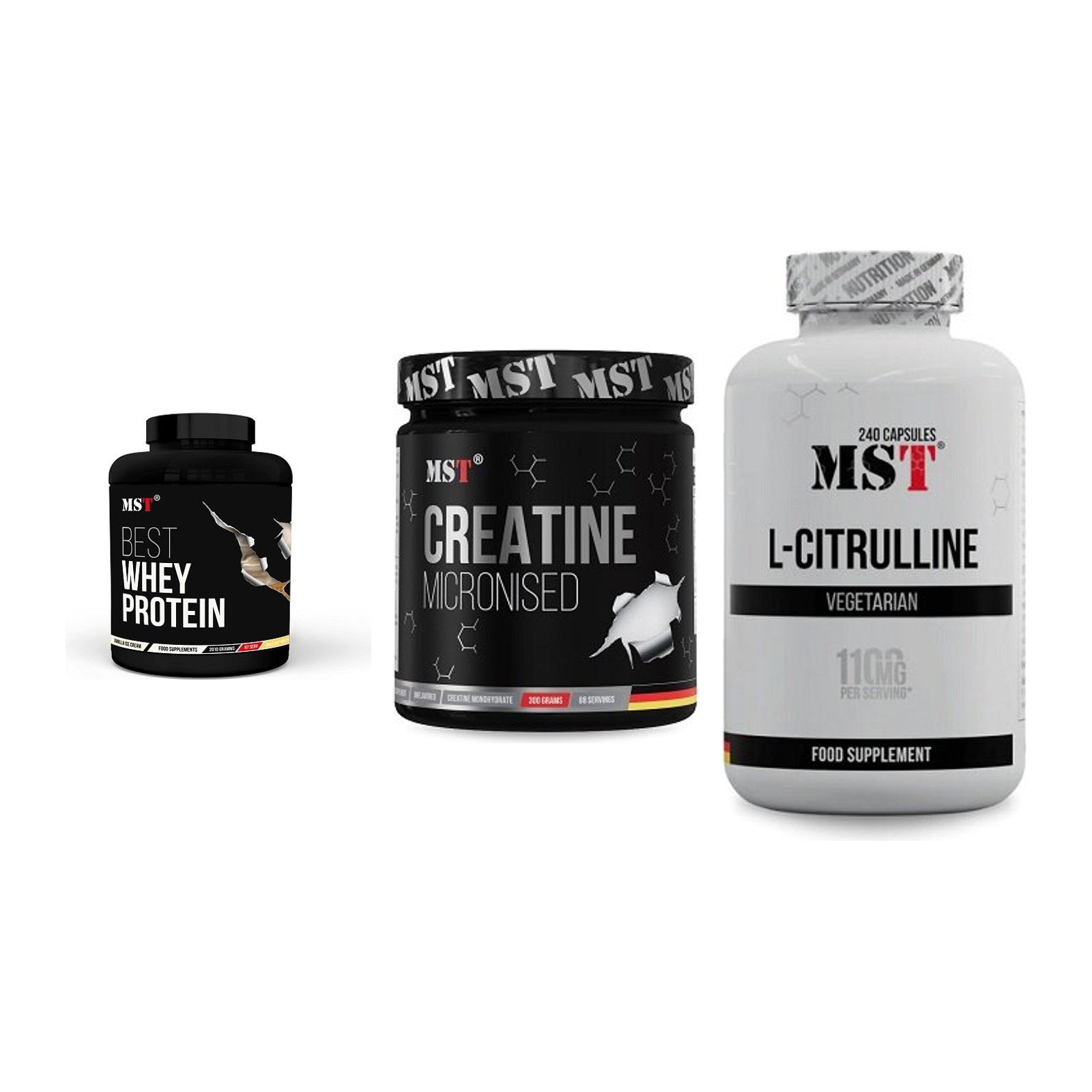 MST Marken-Trio: Best Whey Protein + Creatin Monohydrate + Citrulline – alle enthaltenen Artikel