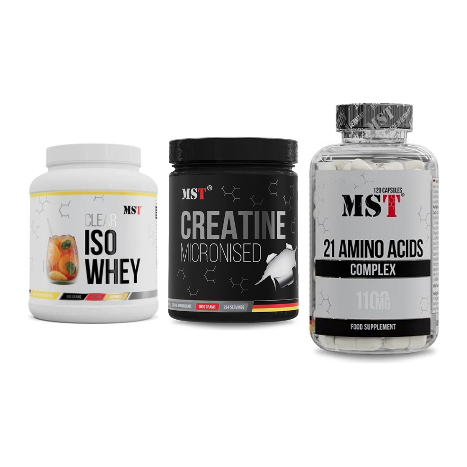 MST Marken-Trio: Iso Clear + Creatin Monohydrate + 21 Amino Acids – alle enthaltenen Artikel