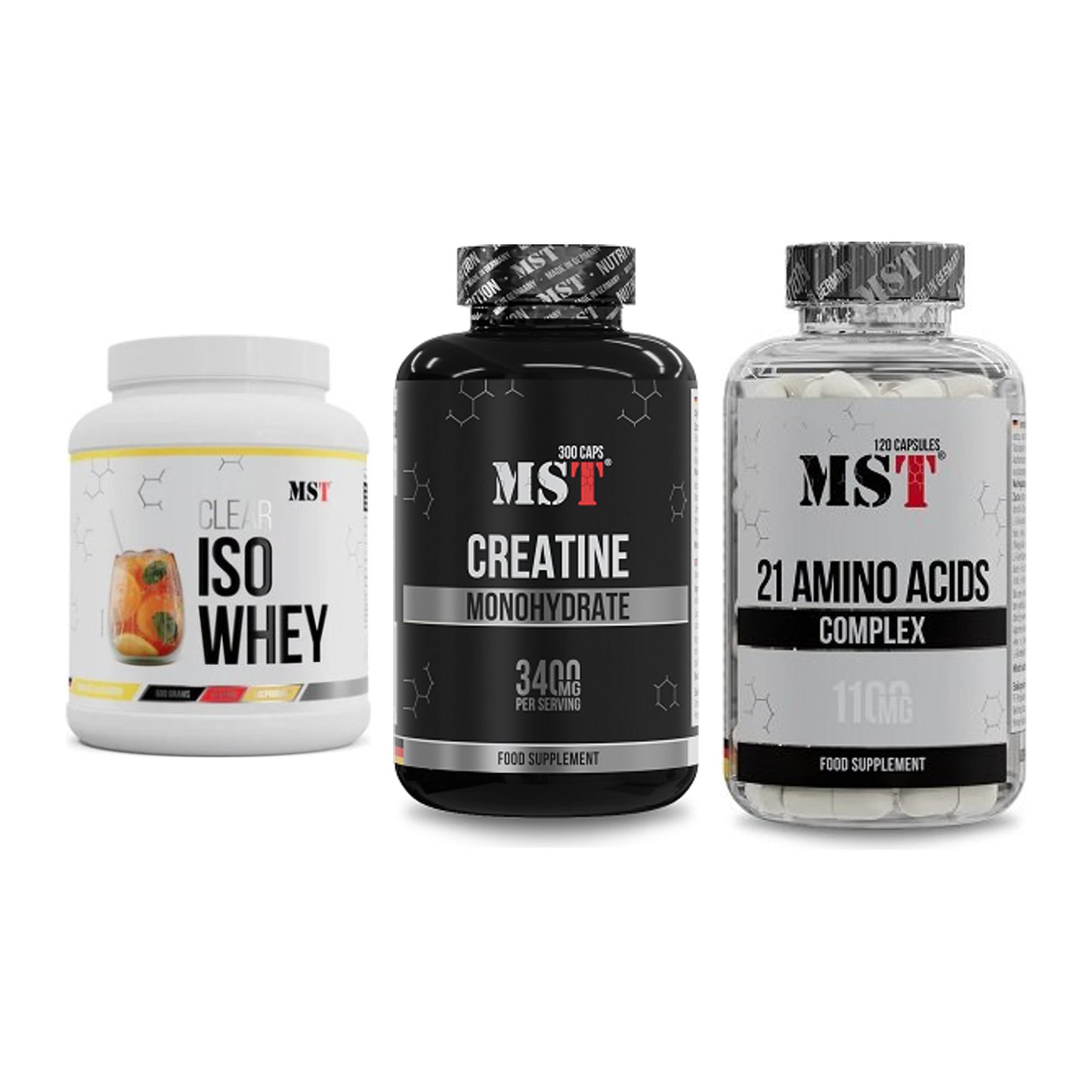 MST Marken-Trio: Iso Clear + Creatine Monohydrate + 21 Amino Acids – alle enthaltenen Artikel