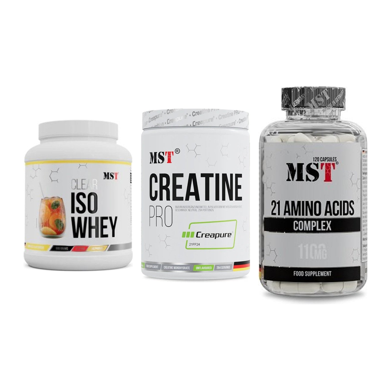 MST Marken-Trio: Iso Clear + Creatin Pro CREAPURE + 21 Amino Acids – alle enthaltenen Artikel