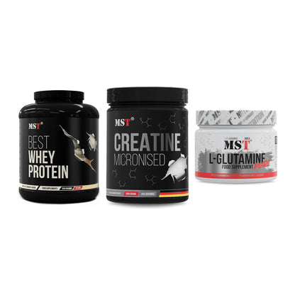 MST Marken-Trio: Best Whey Protein + Creatin Monohydrate + Glutamine – alle enthaltenen Artikel