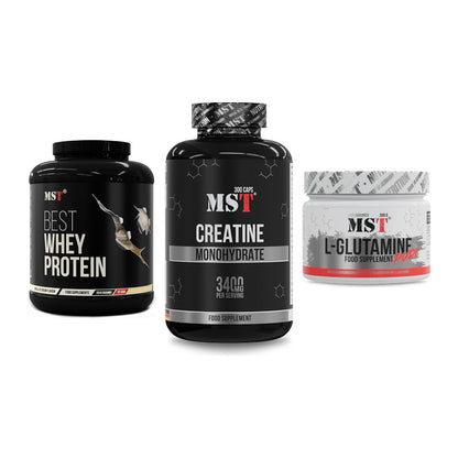 MST Marken-Trio: Best Whey Protein + Creatine Monohydrate + Glutamine – alle enthaltenen Artikel