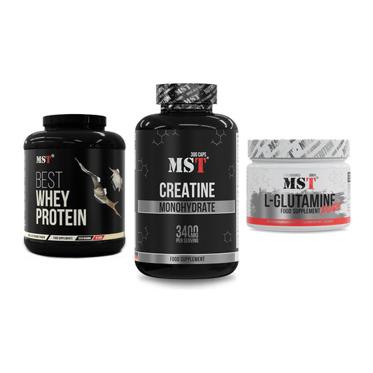 MST Marken-Trio: Best Whey Protein + Creatine Monohydrate + Glutamine – alle enthaltenen Artikel
