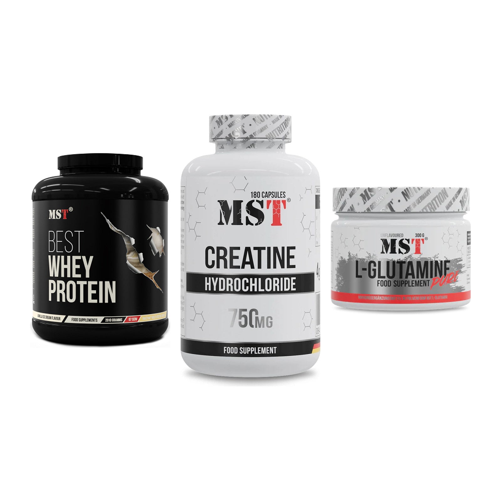 MST Marken-Trio: Best Whey Protein + Creatine HCL + Glutamine – alle enthaltenen Artikel