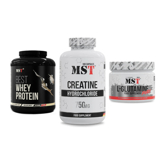 MST Marken-Trio: Best Whey Protein + Creatine HCL + Glutamine – alle enthaltenen Artikel