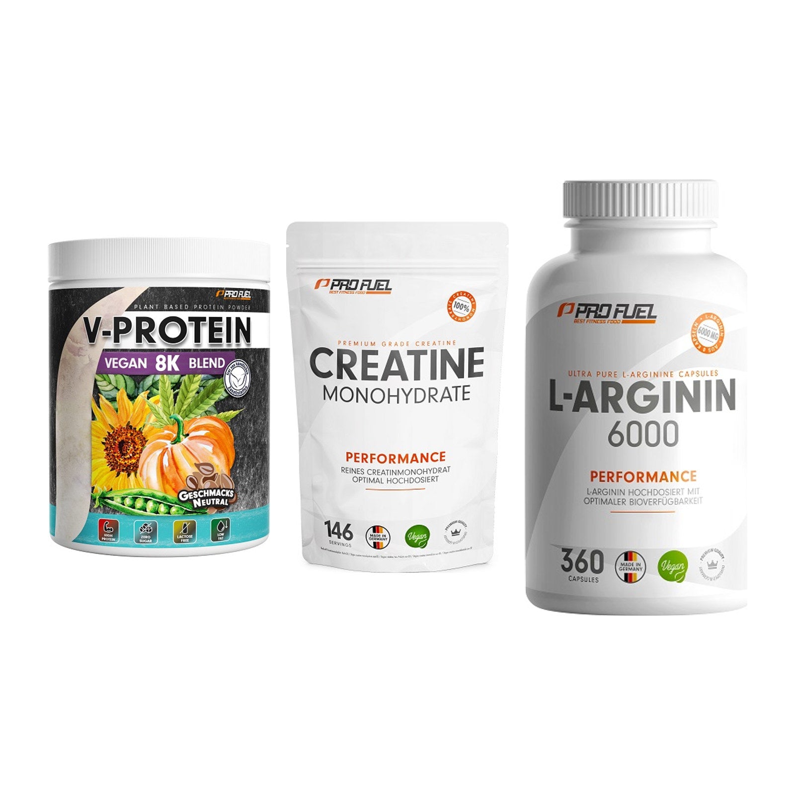 ProFuel Marken-Trio: V-Protein + Creatine + L-Arginin 6000 – alle enthaltenen Artikel