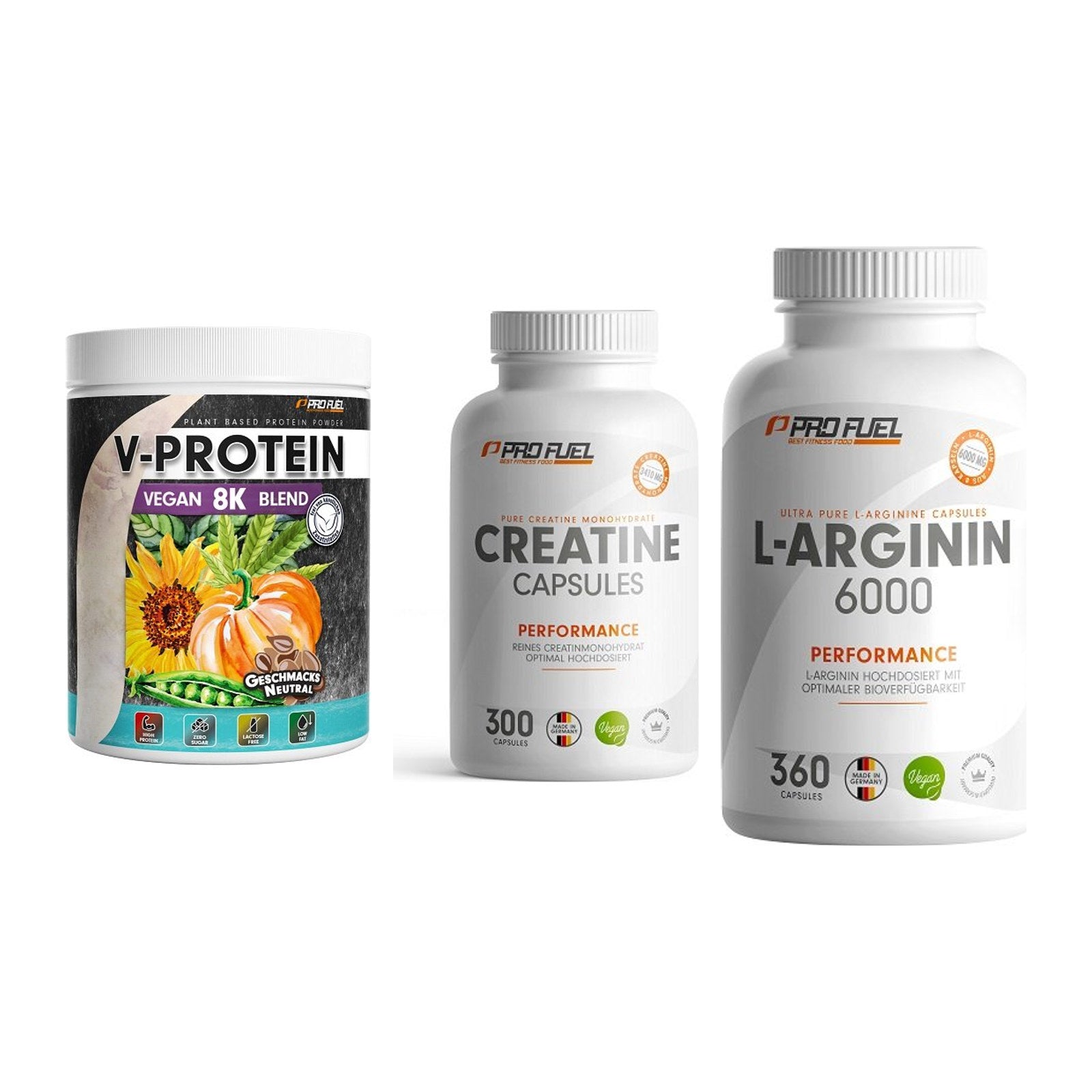 ProFuel Marken-Trio: V-Protein + Creatine + L-Arginin 6000 – alle enthaltenen Artikel