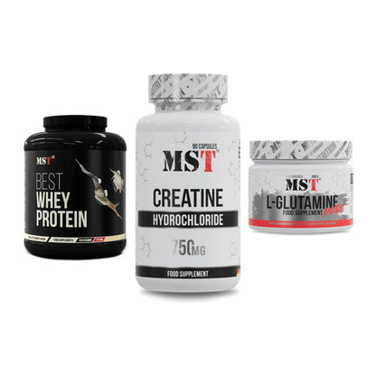 MST Marken-Trio: Best Whey Protein + Creatin HCL + Glutamine – alle enthaltenen Artikel