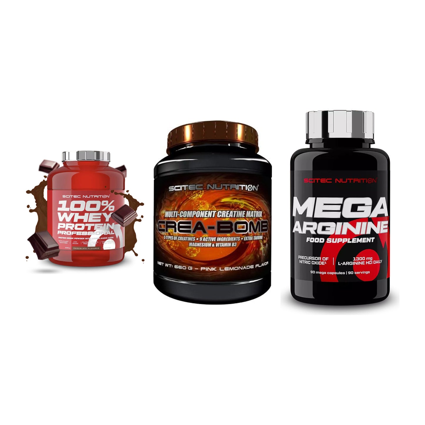 Scitec Nutrition Marken-Trio: 100% Whey + Crea-Bomb + 1 weitere – alle enthaltenen Artikel