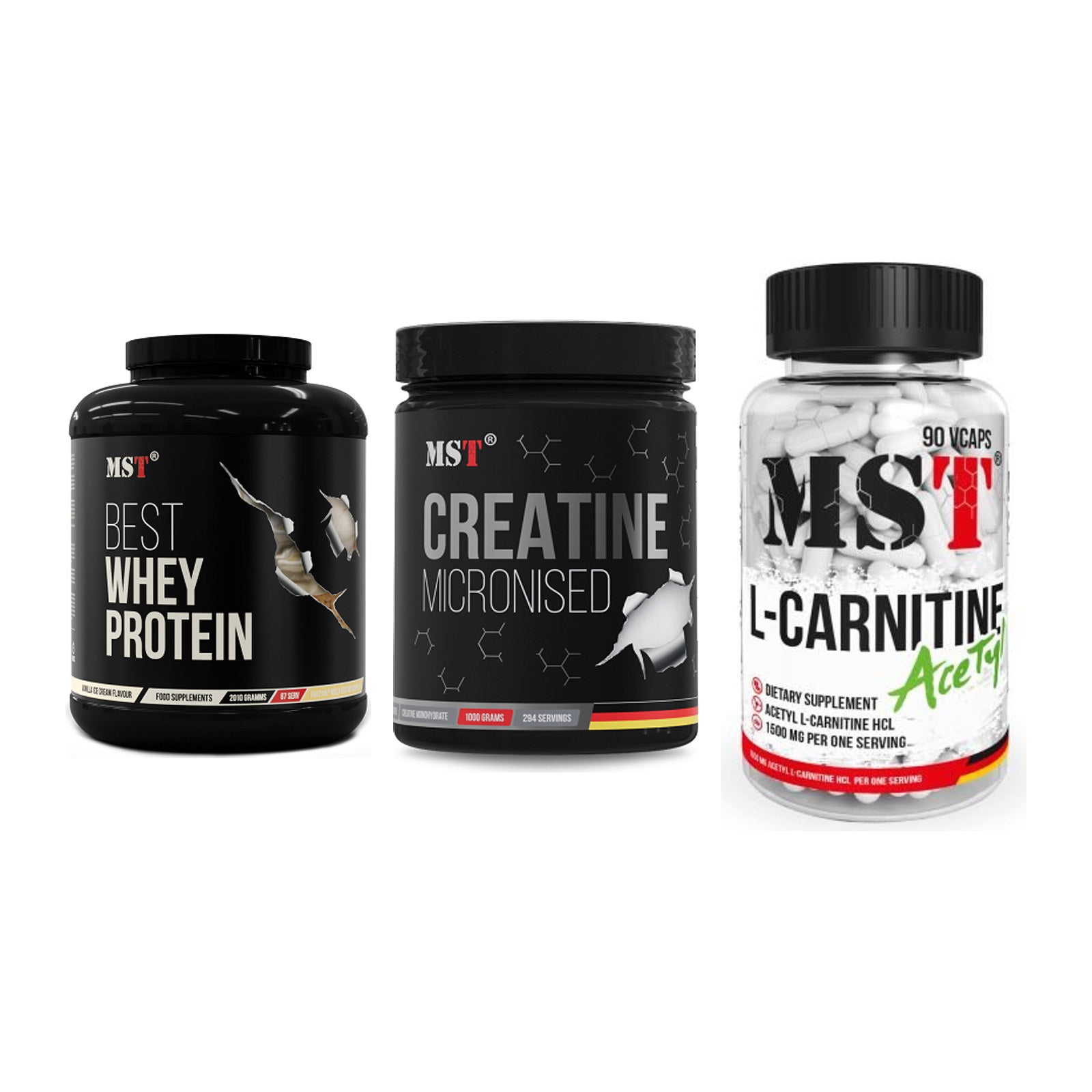 MST Marken-Trio: Best Whey + Creatin Monohyd + L-Carnitine – alle enthaltenen Artikel
