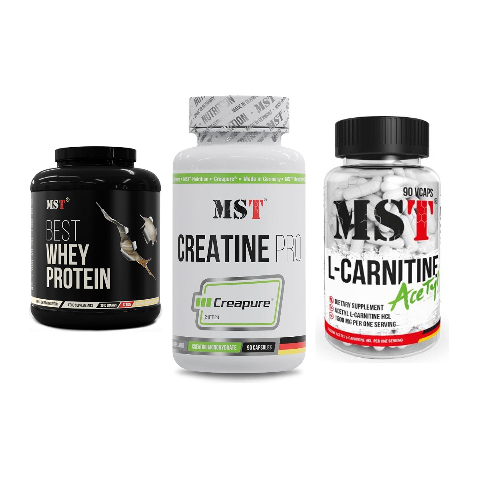 MST Marken-Trio: Best Whey + Creatine Pro + L-Carnitine – alle enthaltenen Artikel