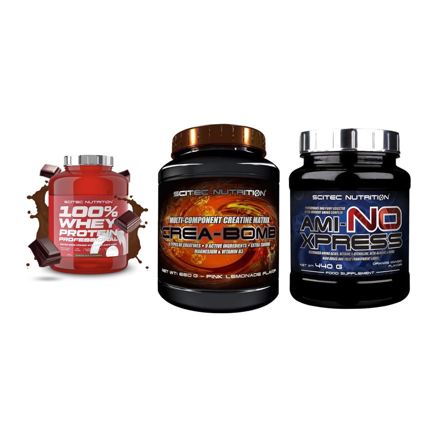 Scitec Nutrition Marken-Trio: 100% Whey + Crea-Bomb + 1 weitere – alle enthaltenen Artikel