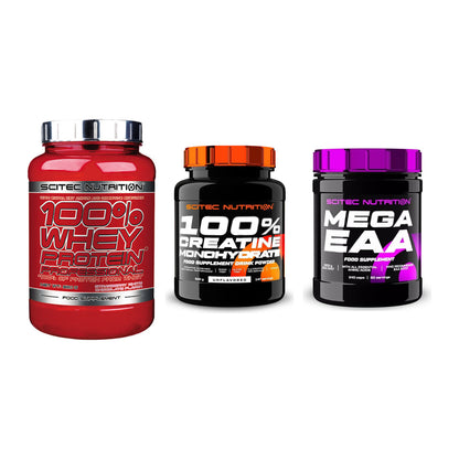 Scitec Nutrition Marken-Trio: 100% Whey + Creatine + 1 weitere – alle enthaltenen Artikel