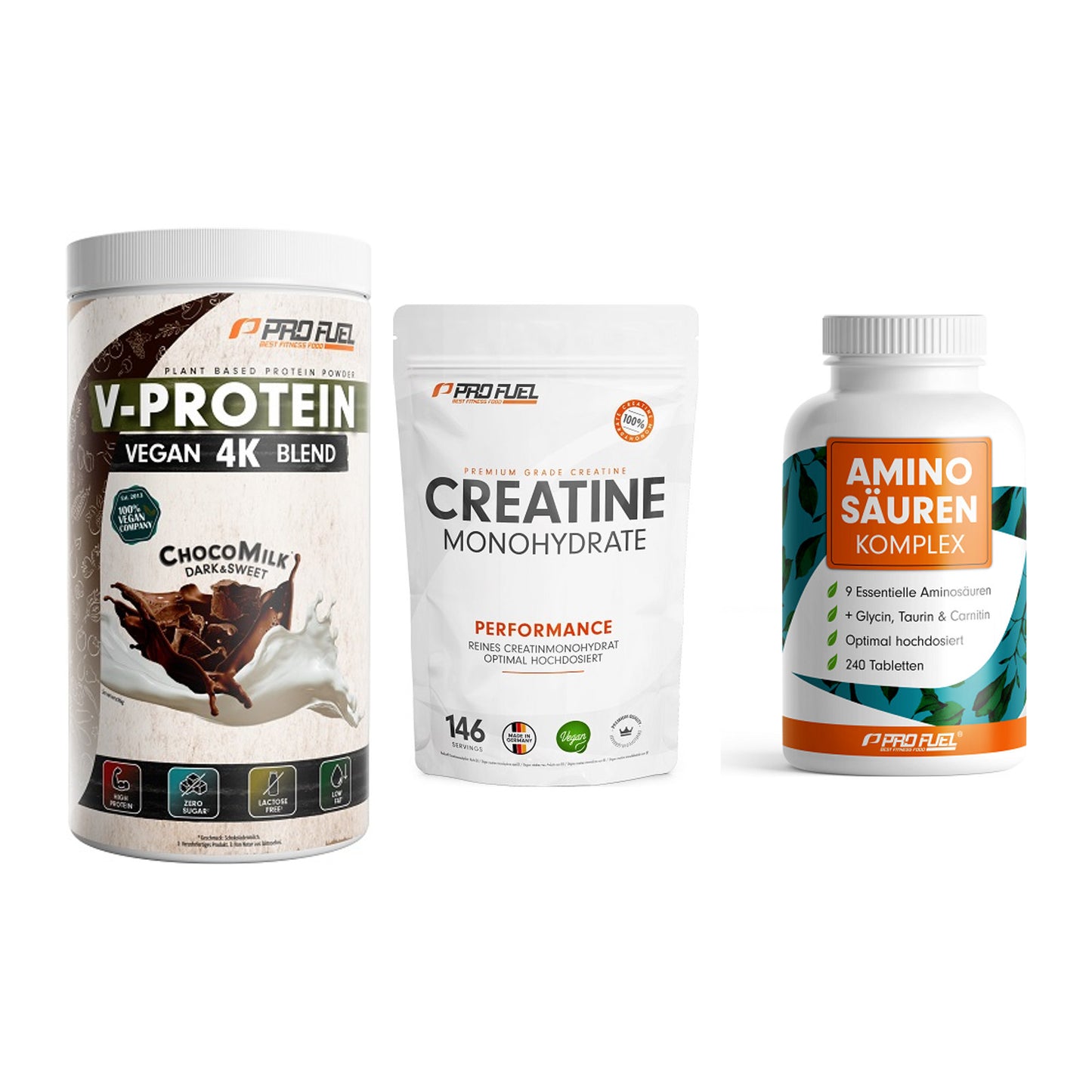 ProFuel Marken-Trio: V-PROTEIN + Creatine + Aminosäuren – alle enthaltenen Artikel