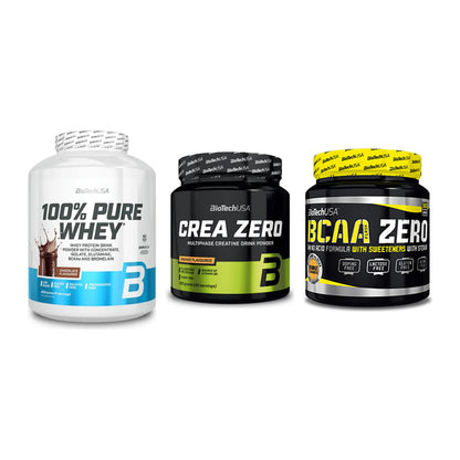 BioTech USA Marken-Trio: 100% Pure Whey + Crea Zero + BCAA Zero – alle enthaltenen Artikel