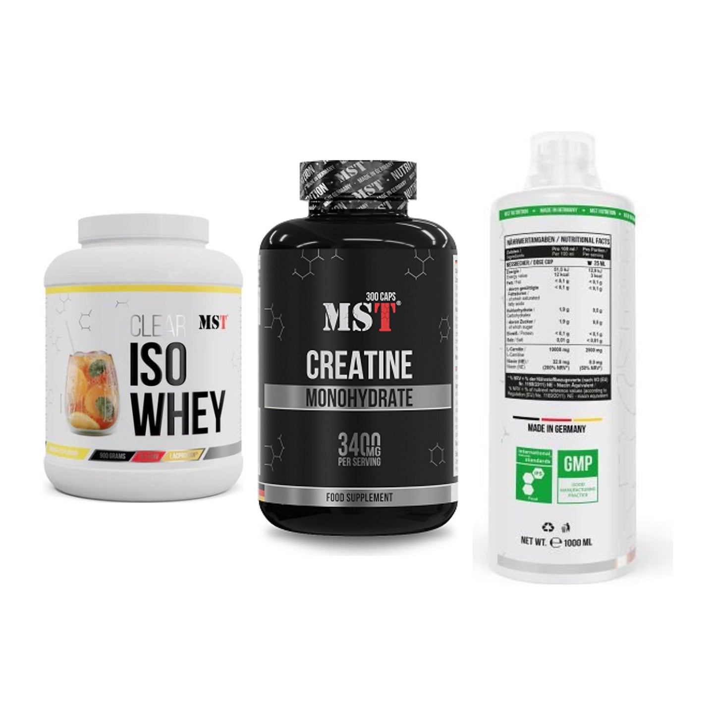 MST Marken-Trio: Iso Clear 900g + Creatine + L-Carnitine – alle enthaltenen Artikel