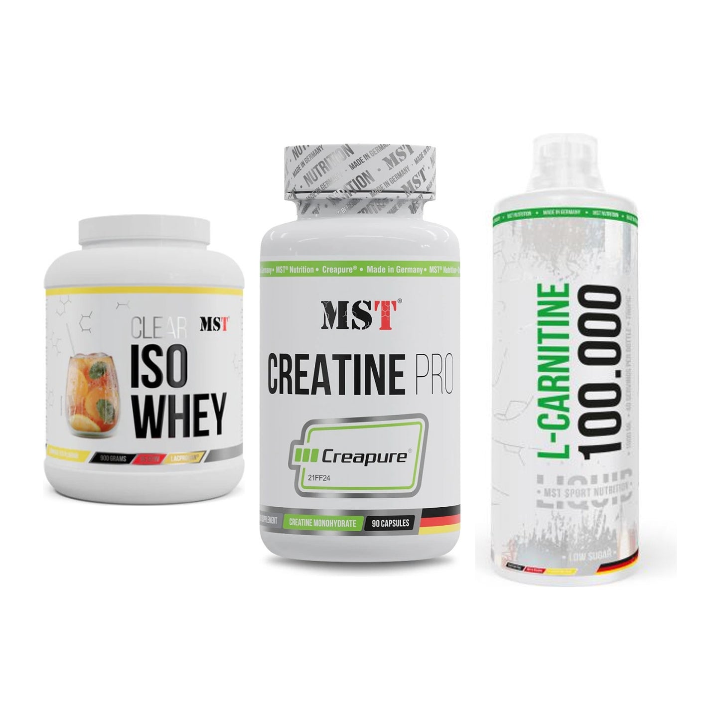 MST Marken-Trio: Iso Clear + Creatine Pro + L-Carnitine – alle enthaltenen Artikel