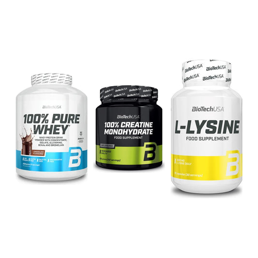 BioTech USA Marken-Trio: 100% Pure + Creatine + L-Lysine – alle enthaltenen Artikel
