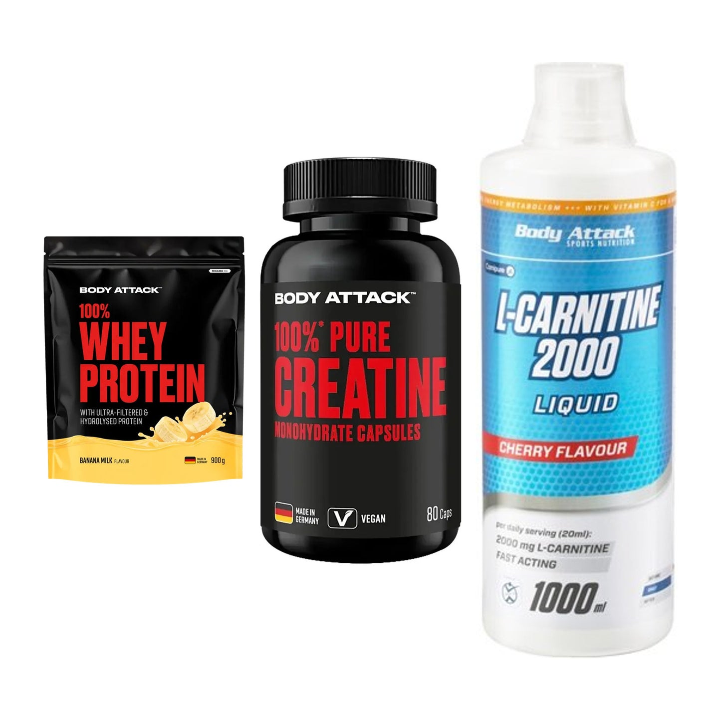 Body Attack Marken-Trio: Attack 100% Whey Protein 900g + 2 weitere – alle enthaltenen Artikel