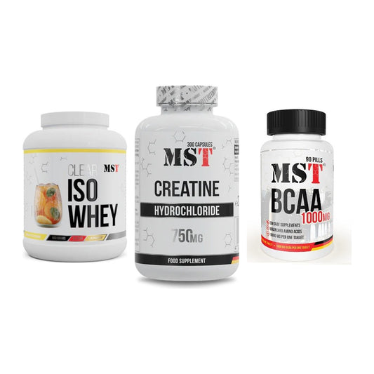 MST Marken-Trio: Iso Clear 900g + Creatine HCL + BCAA 1000 (90 – alle enthaltenen Artikel