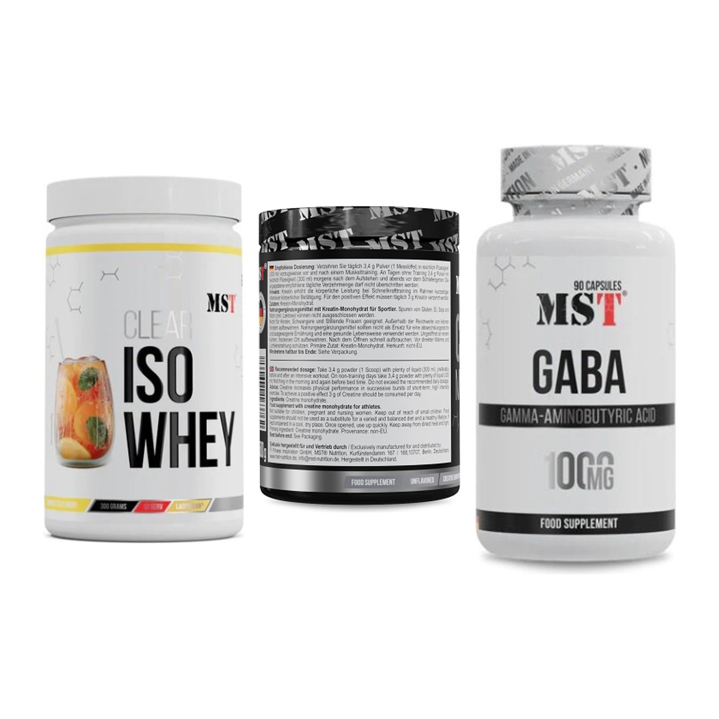 MST Marken-Trio: Iso Clear + Creatin Monohydrate + GABA 1000mg – alle enthaltenen Artikel