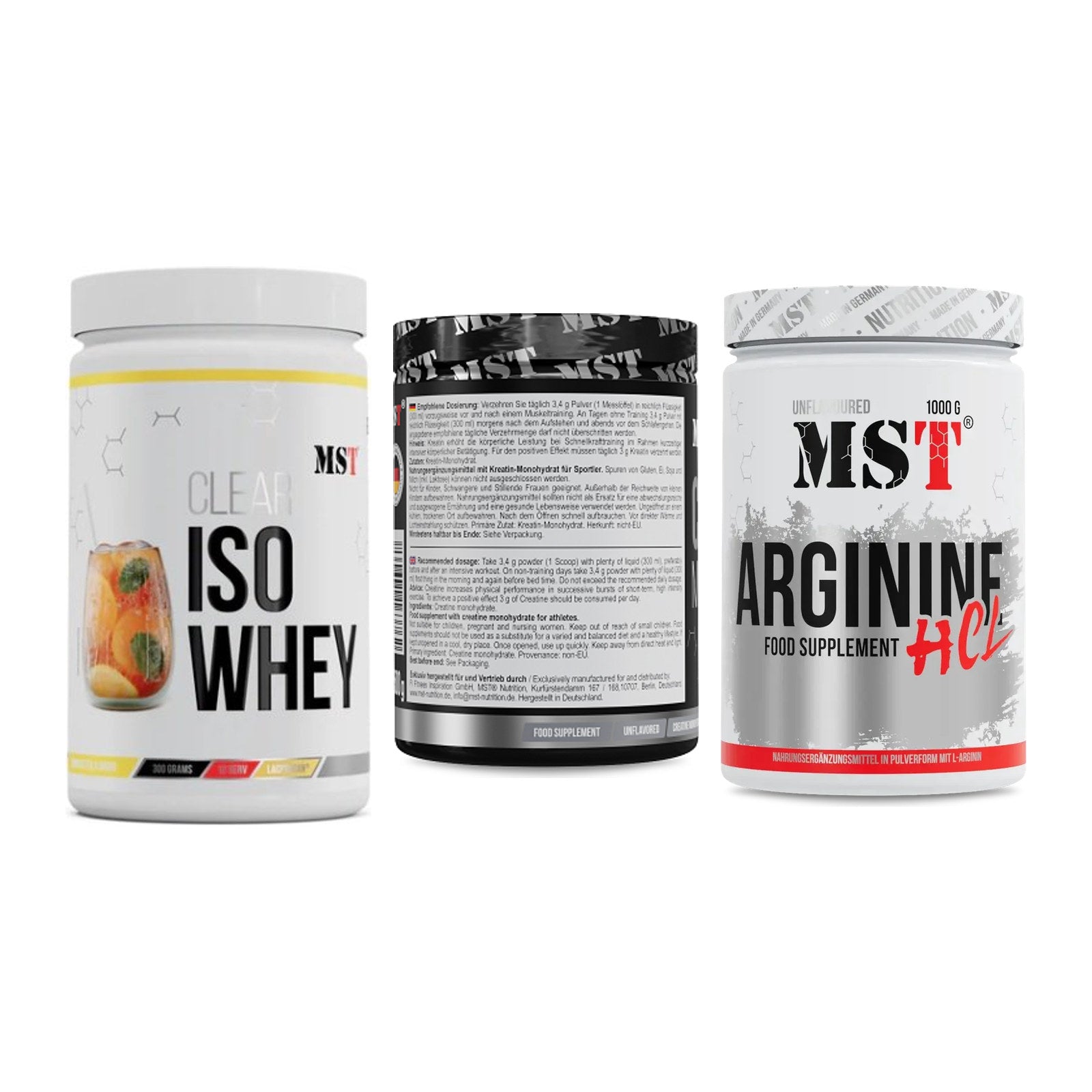 MST Marken-Trio: Iso Clear + Creatin Monohydrate + Arginine HCL – alle enthaltenen Artikel