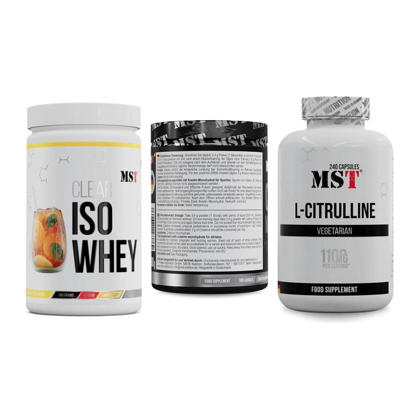 MST Marken-Trio: Iso Clear + Creatin Monohydrate + Citrulline – alle enthaltenen Artikel